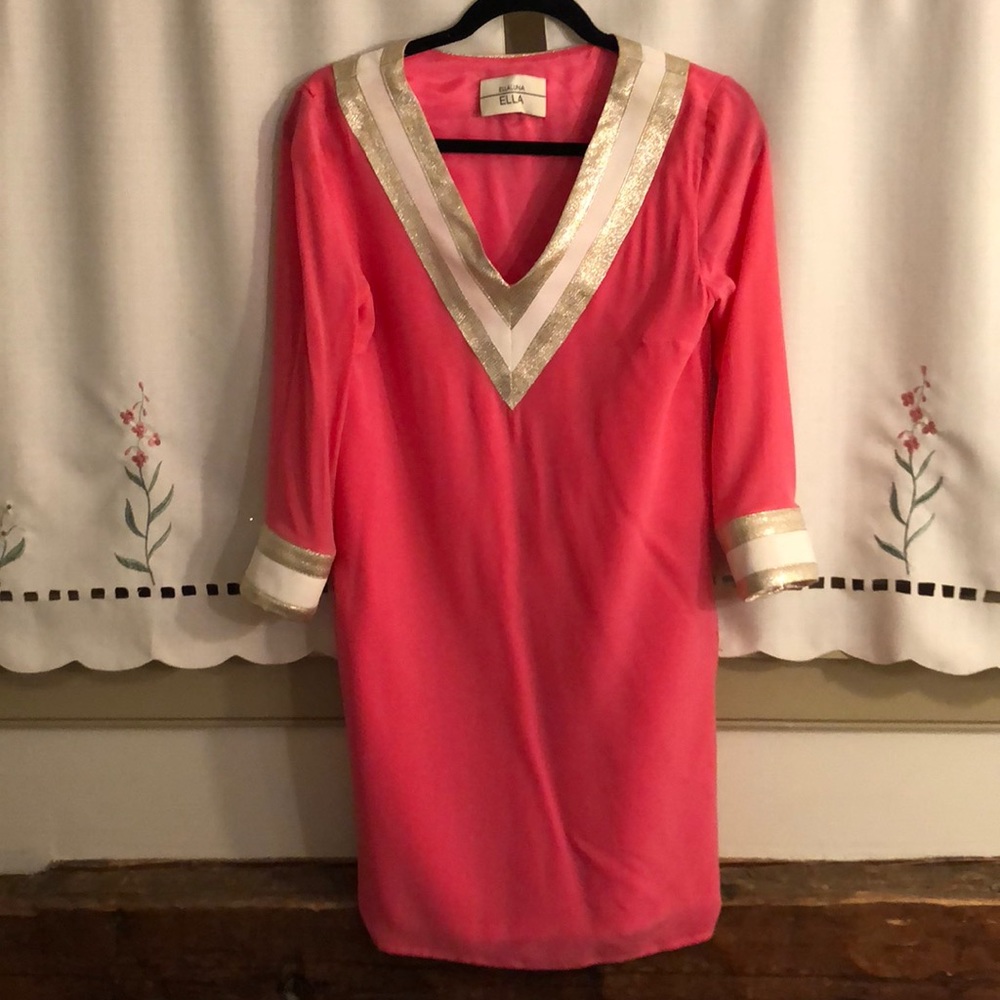 Hot Pink Silk Dress Gold Detail